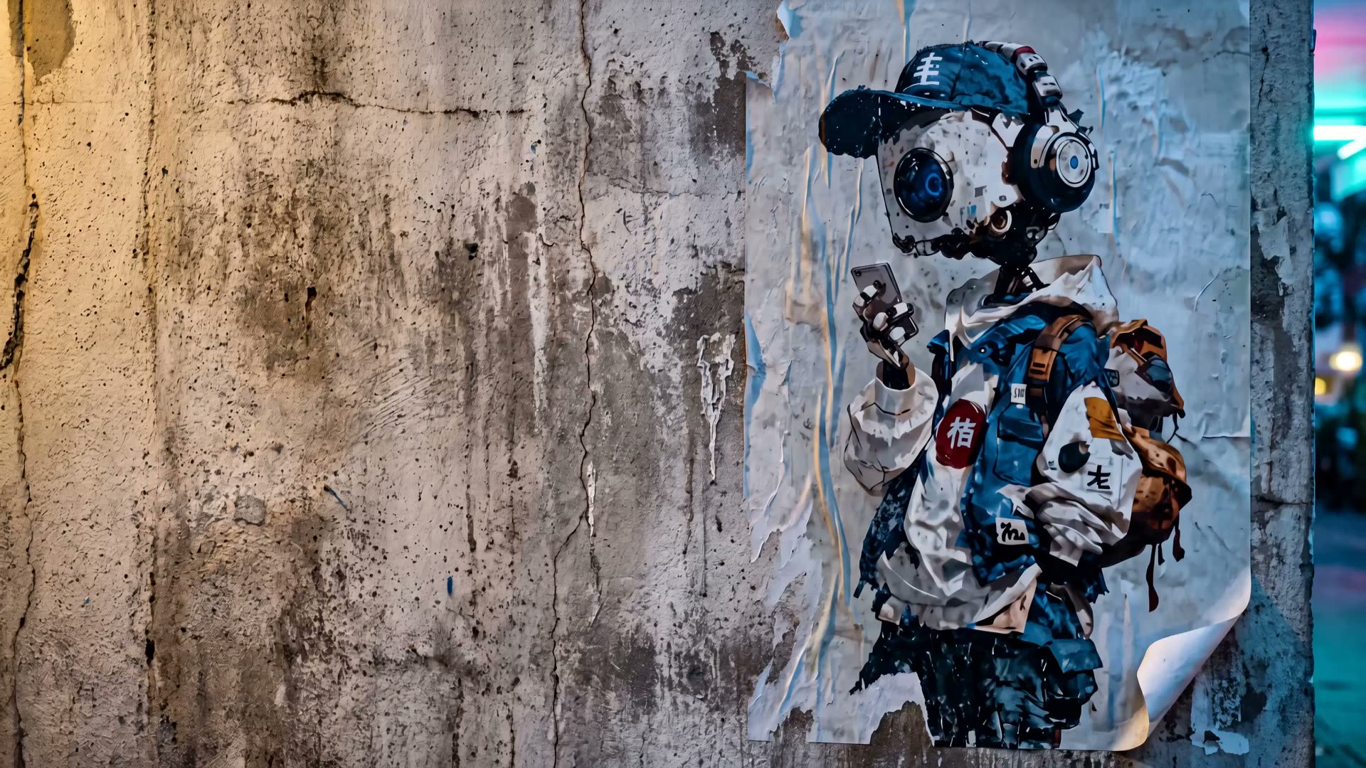 Ronin pasted up on a weathered Hamburg wall at blue hour.
