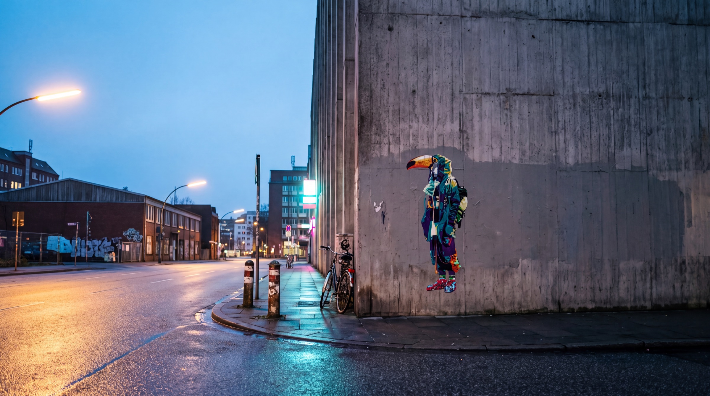 A paste-up on a concrete facade at a Hamburg street corner, blue hour, wet asphalt.