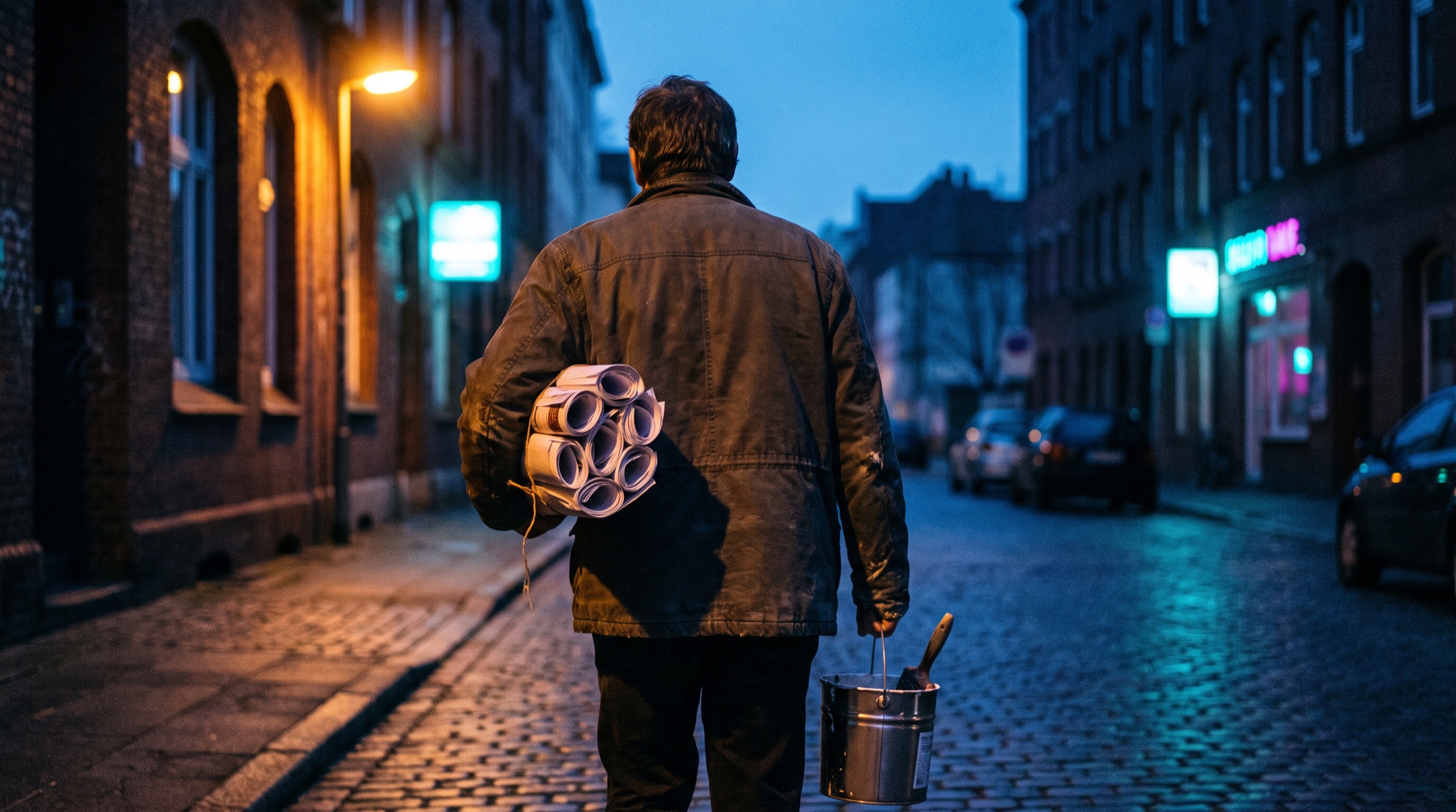 Carrying rolled posters and a paste bucket down an empty Hamburg side street.