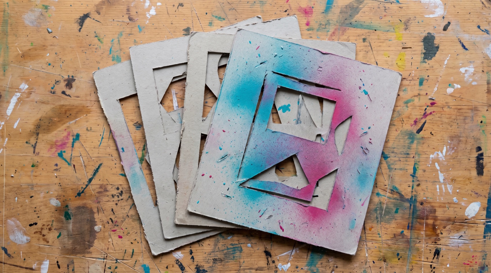 A stack of cut stencil layers, heavy overspray in cyan and magenta.
