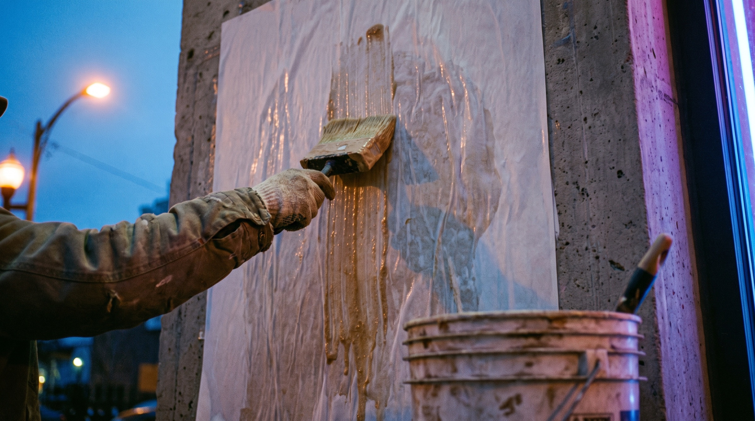A brush pulling wheat paste down a sheet of poster paper against a concrete wall.